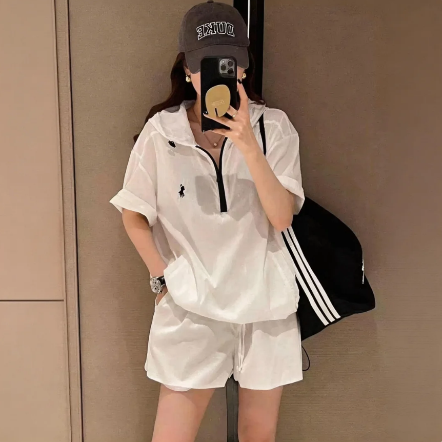 【整套】輕薄透氣防曬韓版時尚百搭氣質連帽短袖+運動休閑褲兩件套