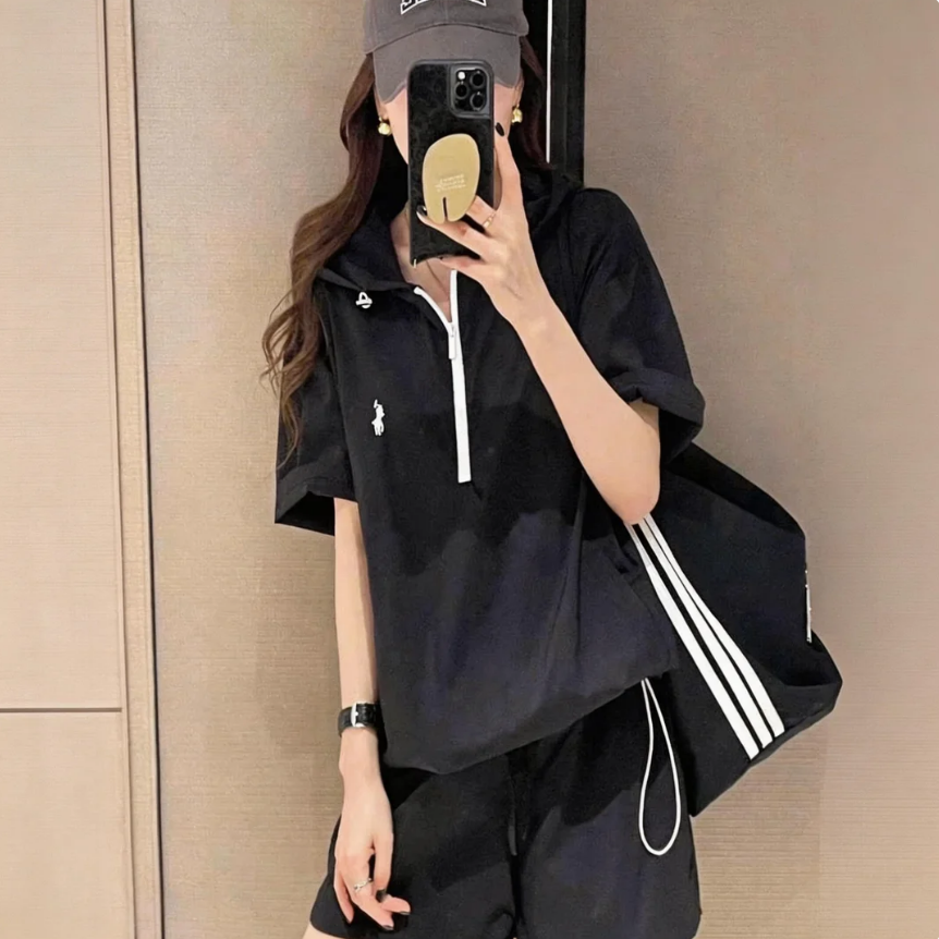 【整套】輕薄透氣防曬韓版時尚百搭氣質連帽短袖+運動休閑褲兩件套