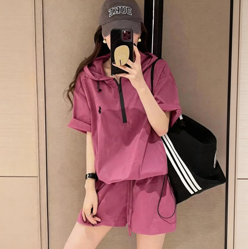 【整套】輕薄透氣防曬韓版時尚百搭氣質連帽短袖+運動休閑褲兩件套