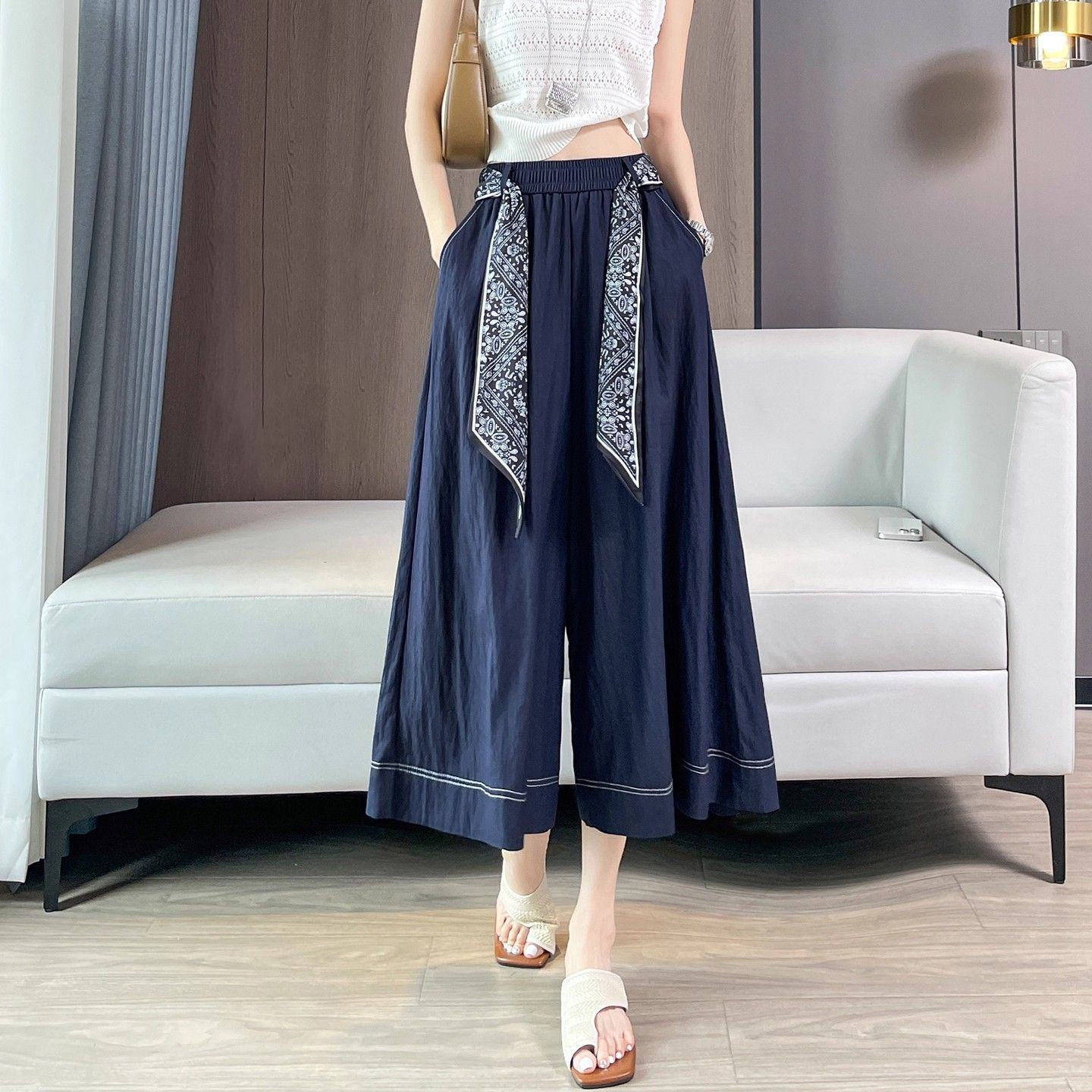 藏藍色冰絲薄款高腰顯瘦八分闊腿牛仔裙褲