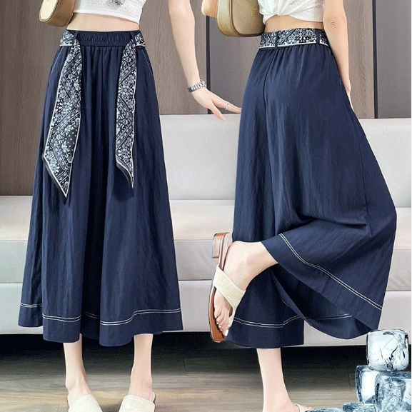 藏藍色冰絲薄款高腰顯瘦八分闊腿牛仔裙褲