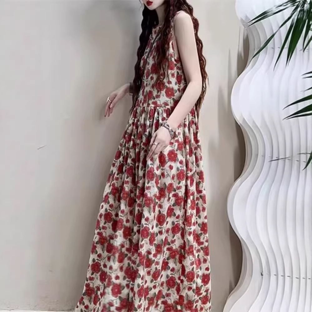 韓版洋氣減齡背心高級法式復古碎花洋裝