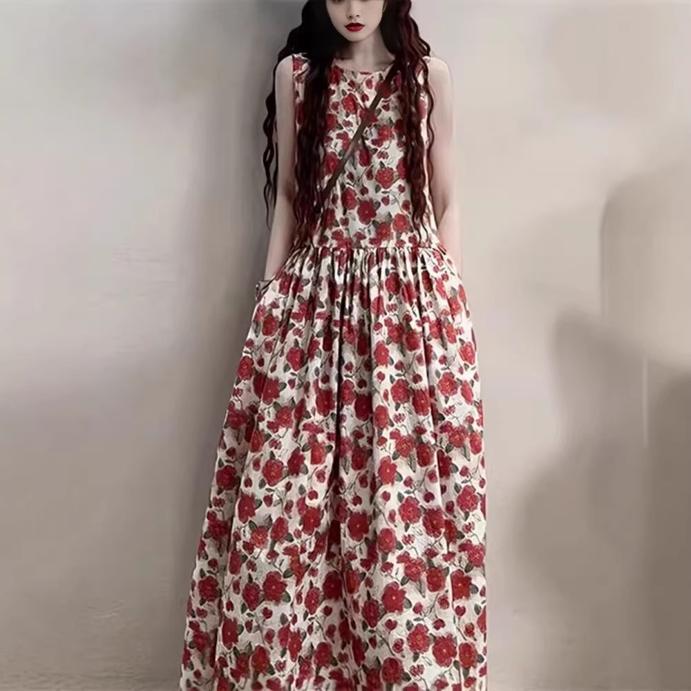 韓版洋氣減齡背心高級法式復古碎花洋裝