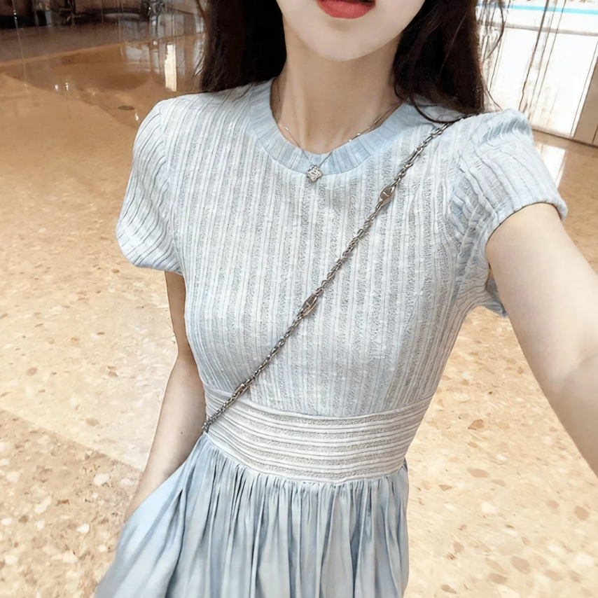 大碼法式拼接收腰A字氣質清純短袖洋裝