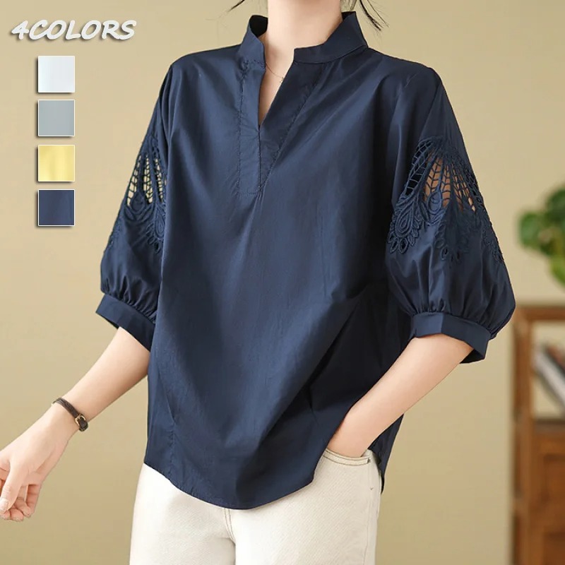 氣質V領休閒顯瘦百搭鏤空設計感中袖襯衫