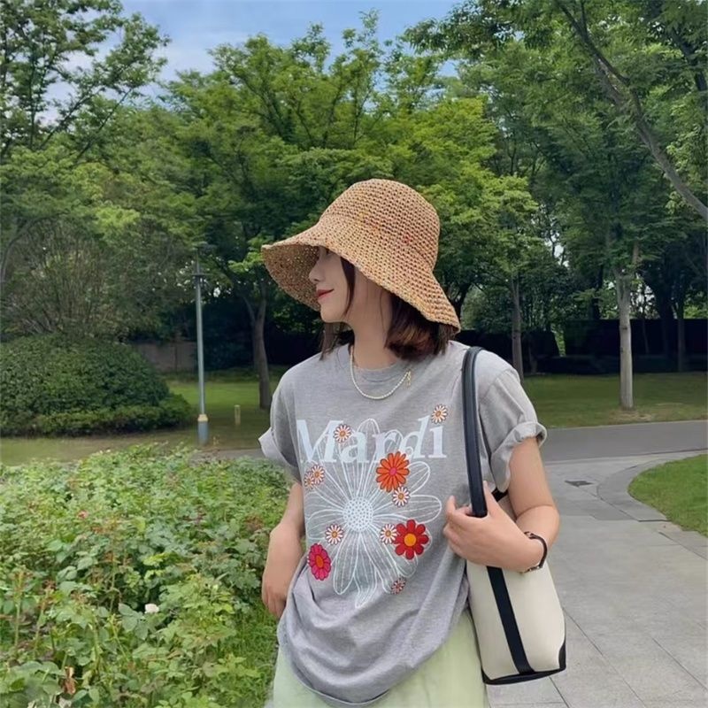韓版經典植物花卉雛菊印花純棉寬鬆短袖T恤