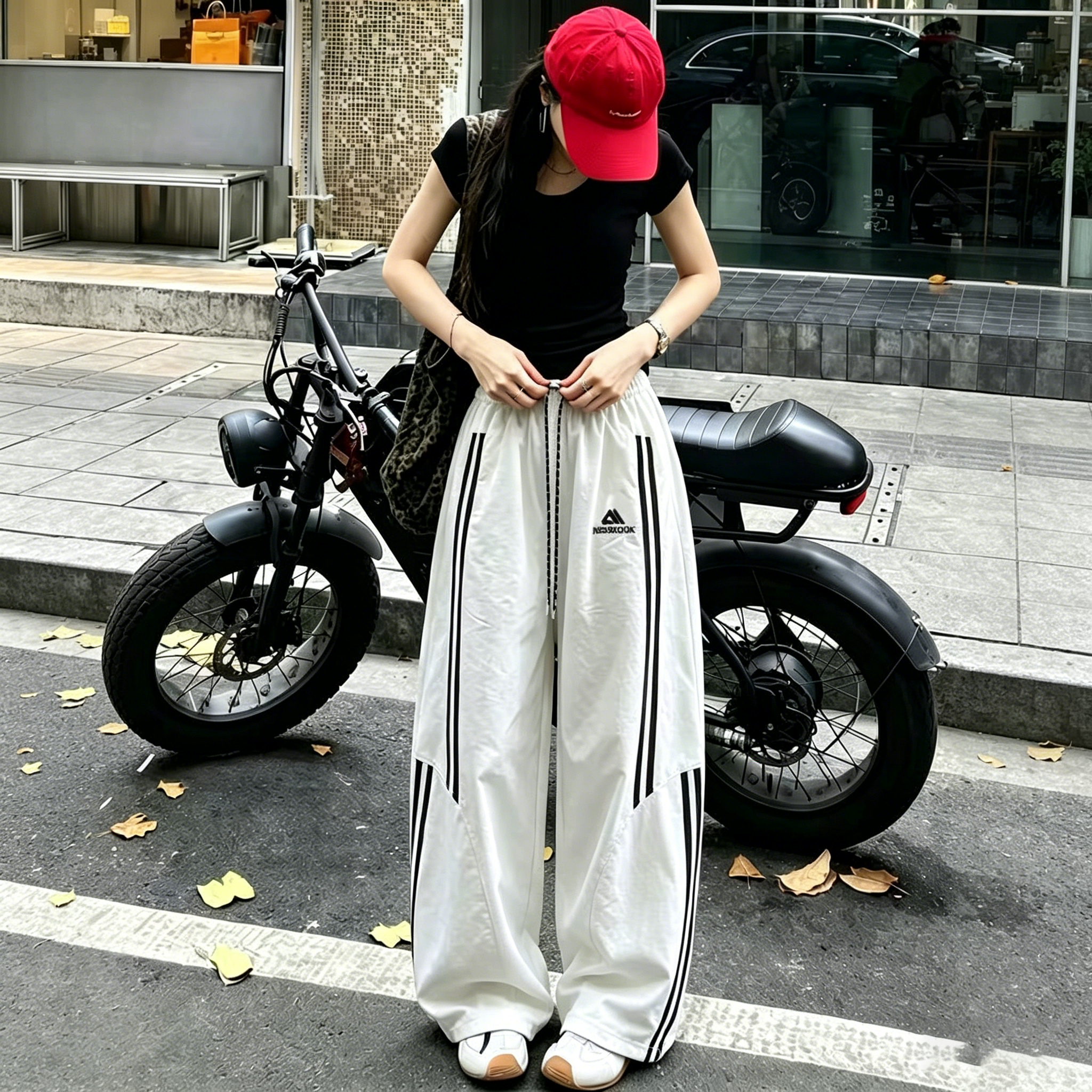 美式時尚條紋速乾休閒寬鬆束腳運動工裝褲