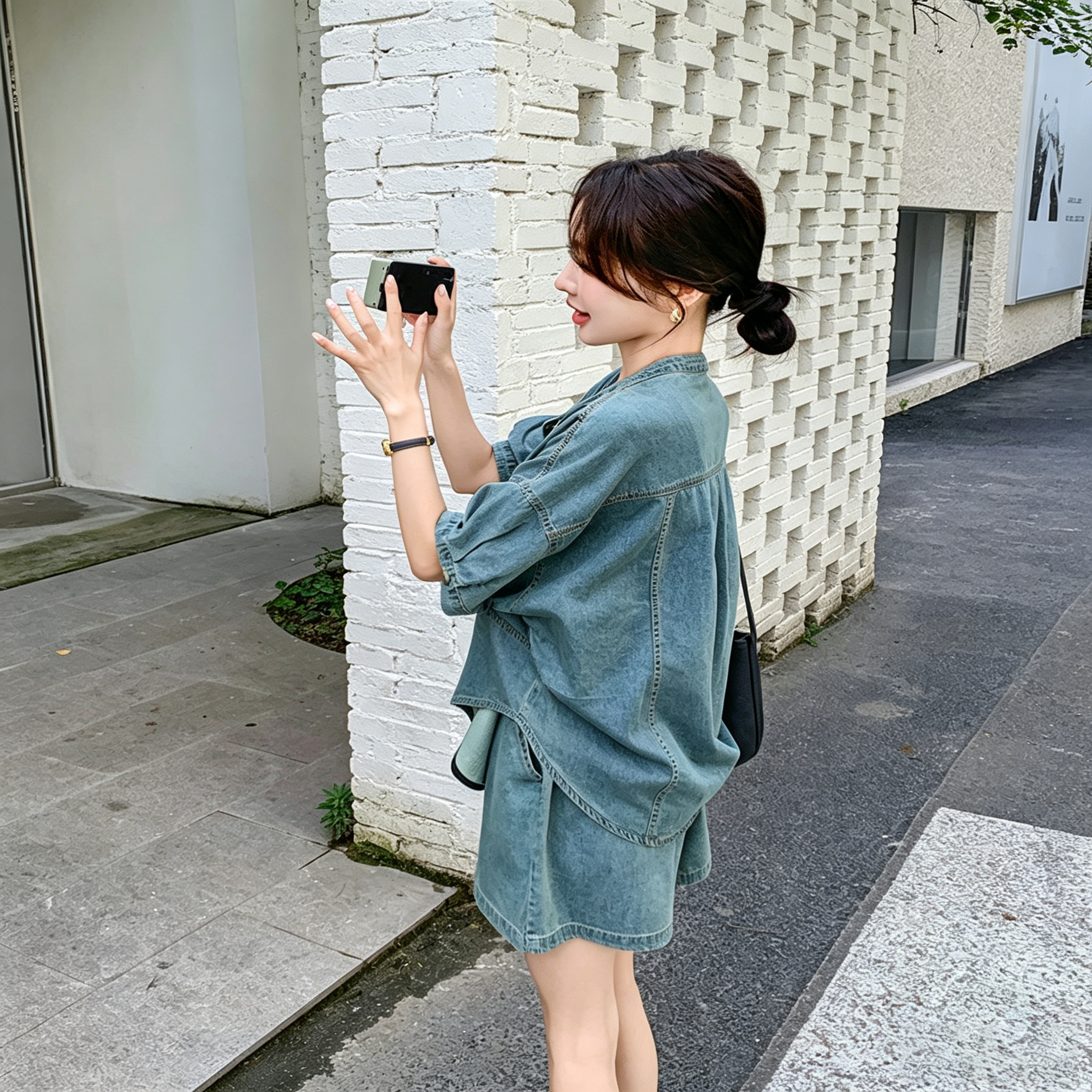 【套裝】鹽系甜酷炸街小眾牛仔上衣短褲兩件套