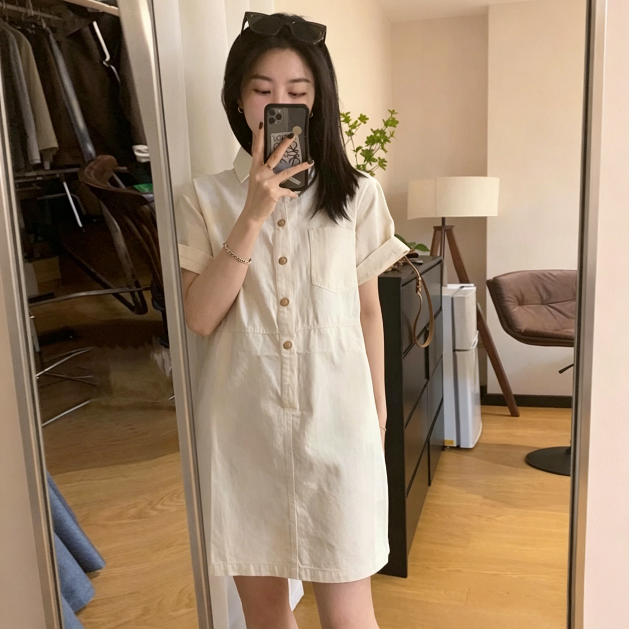 高級感小個子韓系溫柔風polo領短袖襯衫洋裝