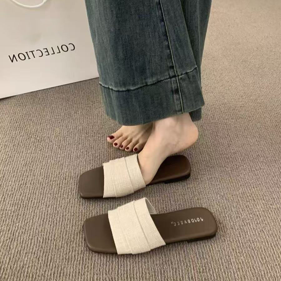韓系海邊度假沙灘仙女風外穿平底褶皺一字涼拖鞋