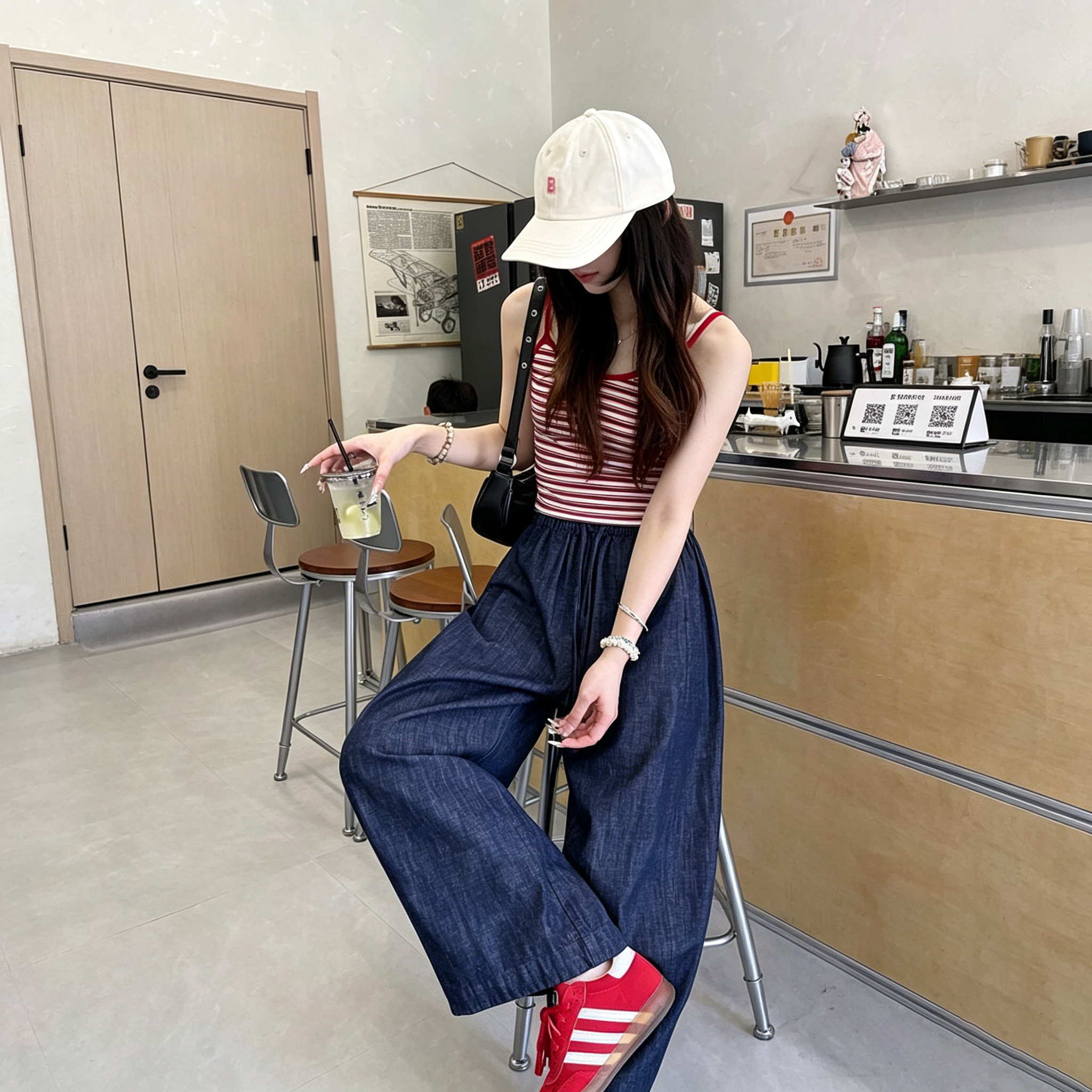 仿牛仔大碼寬鬆顯瘦小個子九分垂感闊腿褲