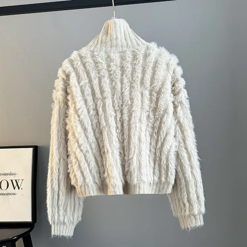 韓版軟糯寬鬆高領毛衣外套針織開衫-Cicimode