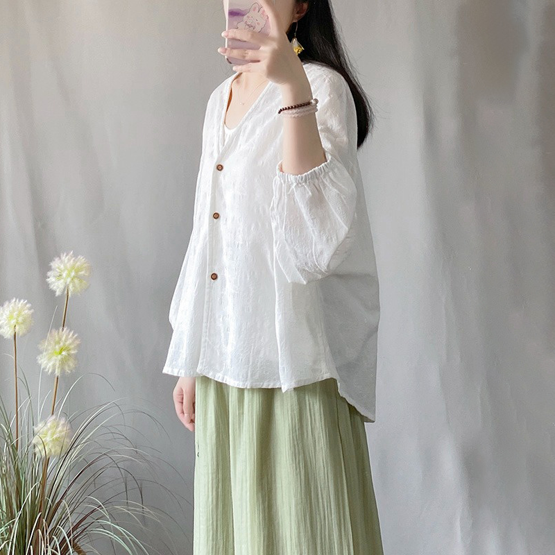 文藝寬鬆顯瘦蝙蝠袖防曬襯衫長袖棉麻開衫