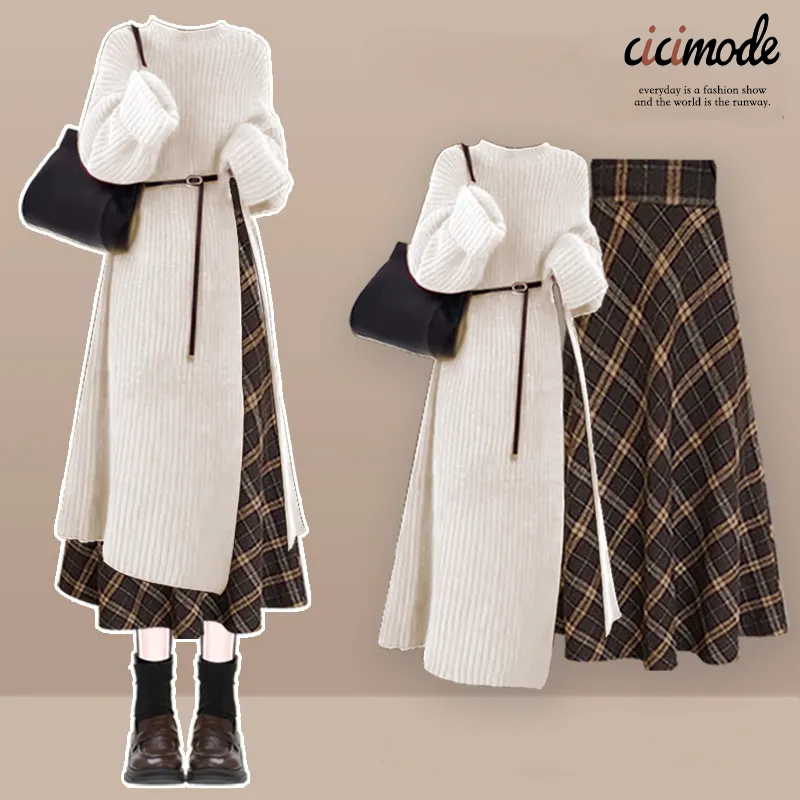 【單件/套裝】法式氣質毛衣連身裙顯瘦百搭格子半身裙兩件套裝