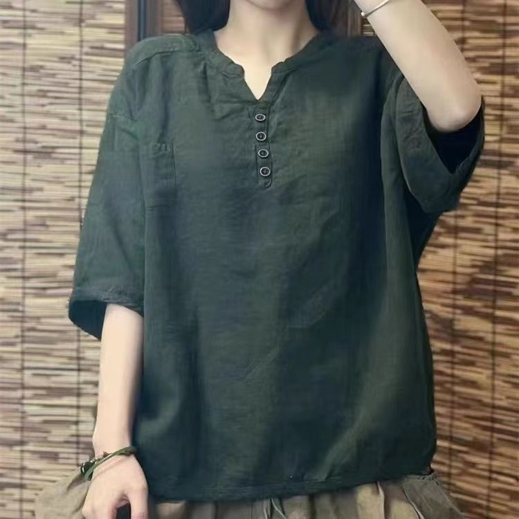 文藝棉麻寬鬆百搭顯瘦立領五分袖襯衫-Cicimode