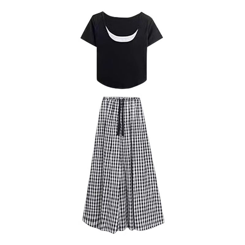 【單件/套裝】氣質休閒短袖+寬鬆遮肉格子鬆緊腰裙褲兩件套裝-Cicimode