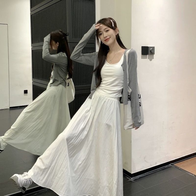 【單件/套裝】復古溫柔風針織開衫+內搭吊帶背心+高腰半身裙三件套裝