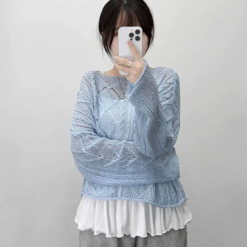 一字露肩麻花薄款鏤空長袖罩衫針織衫-Cicimode