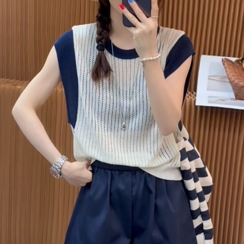 【單件/套裝】寬松顯瘦減齡無袖針織衫+闊腿休閑褲兩件套