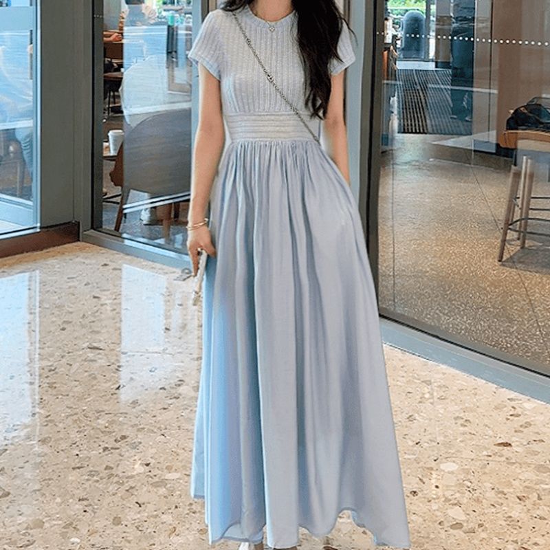 大碼法式拼接收腰A字氣質清純短袖洋裝