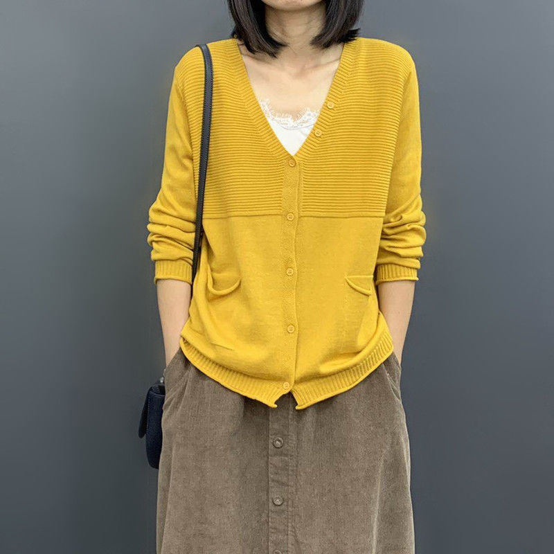 寬鬆顯瘦文藝純色長袖薄款針織開衫-Cicimode