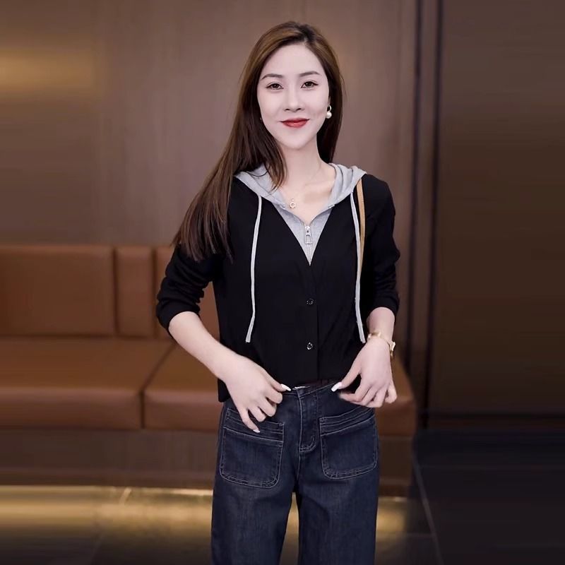 【單件/套裝】時尚高級假兩件連帽T+百搭休閒牛仔褲兩件套裝