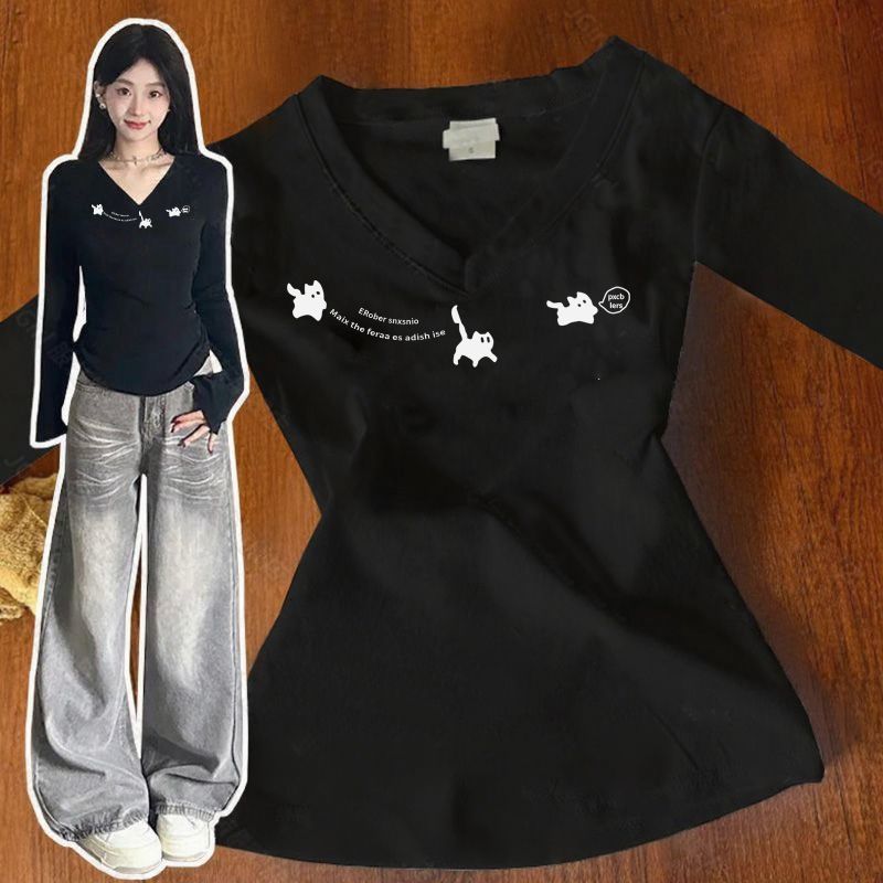 潮流字母印花修身顯瘦v領長袖T恤-Cicimode