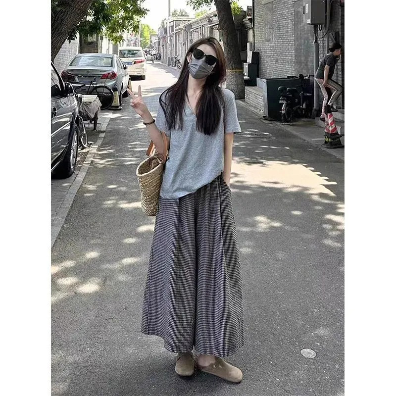 【單件/整套】休閒透氣涼爽V領短袖T恤+格子垂墜感寬鬆長褲兩件套裝-Cicimode