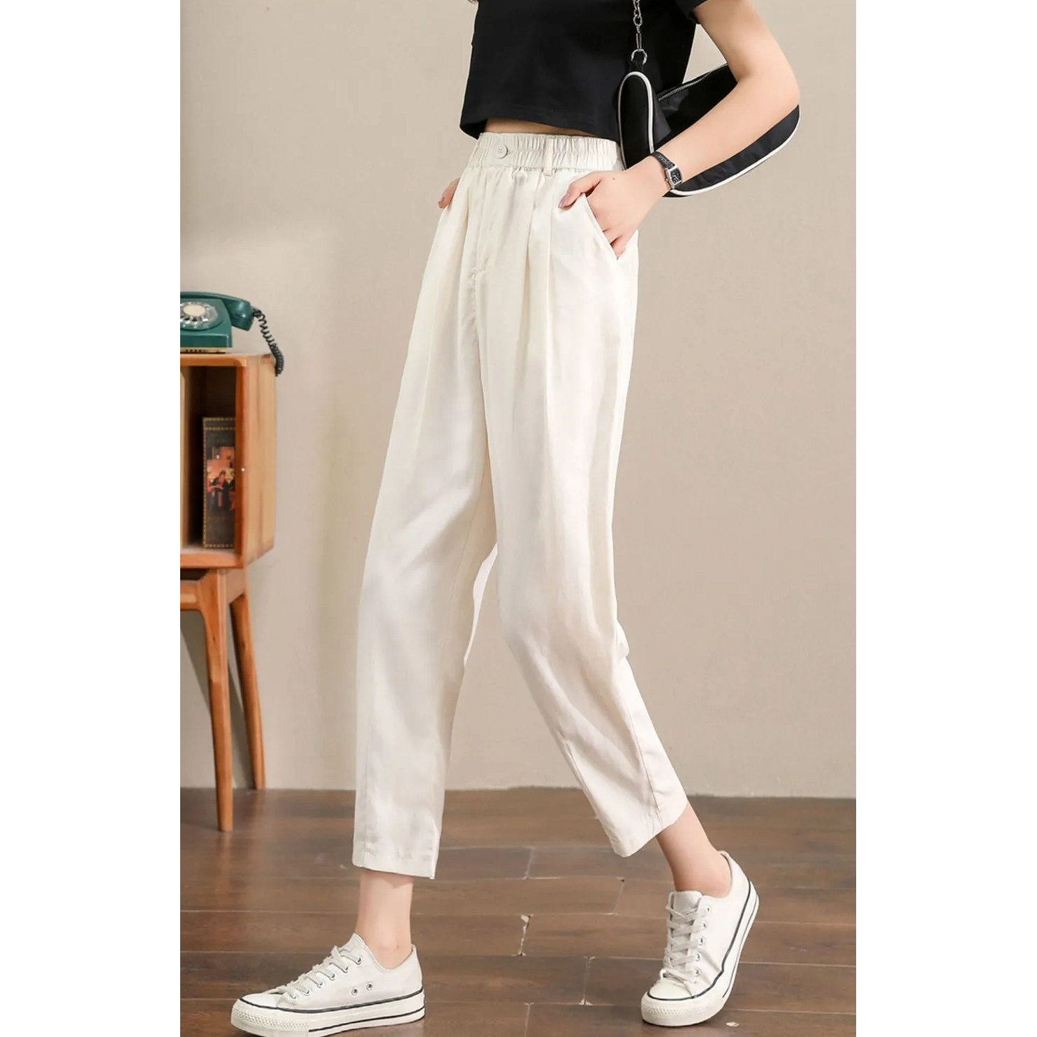 天絲棉麻薄款顯瘦遮肉透氣哈倫九分褲-Cicimode