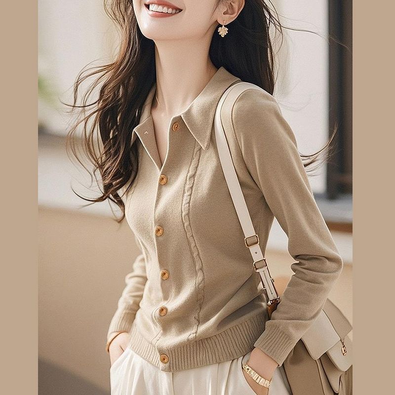 法式氣質百搭翻領顯瘦針織開衫-Cicimode