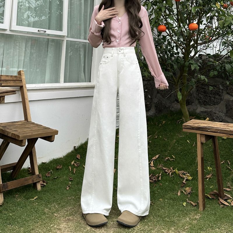 高腰顯瘦寬鬆百搭窄版白色九分闊腿牛仔褲