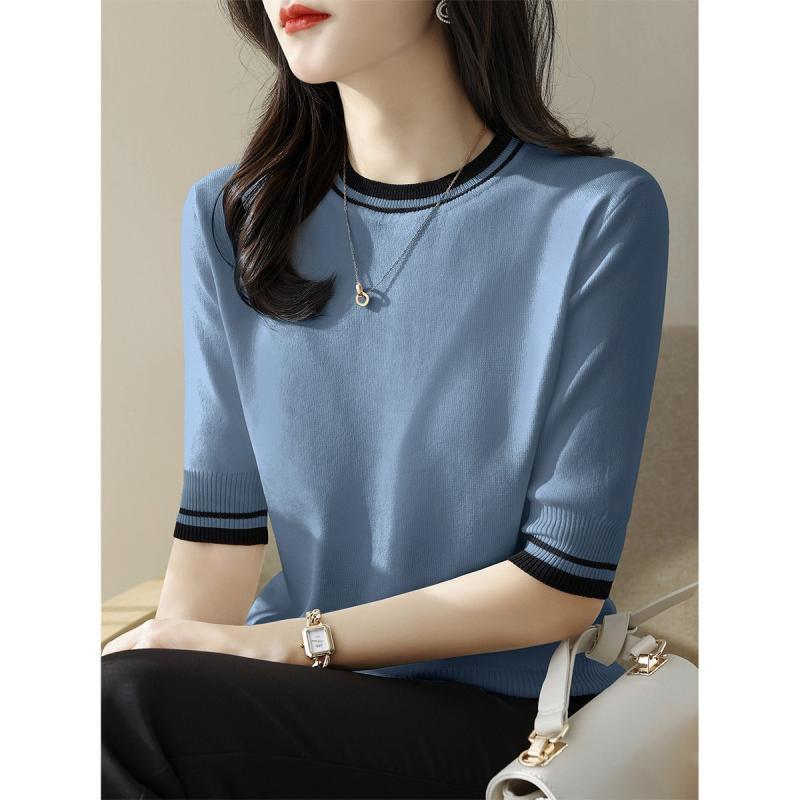 時尚百搭拼色氣質圓領冰絲針織短袖-Cicimode