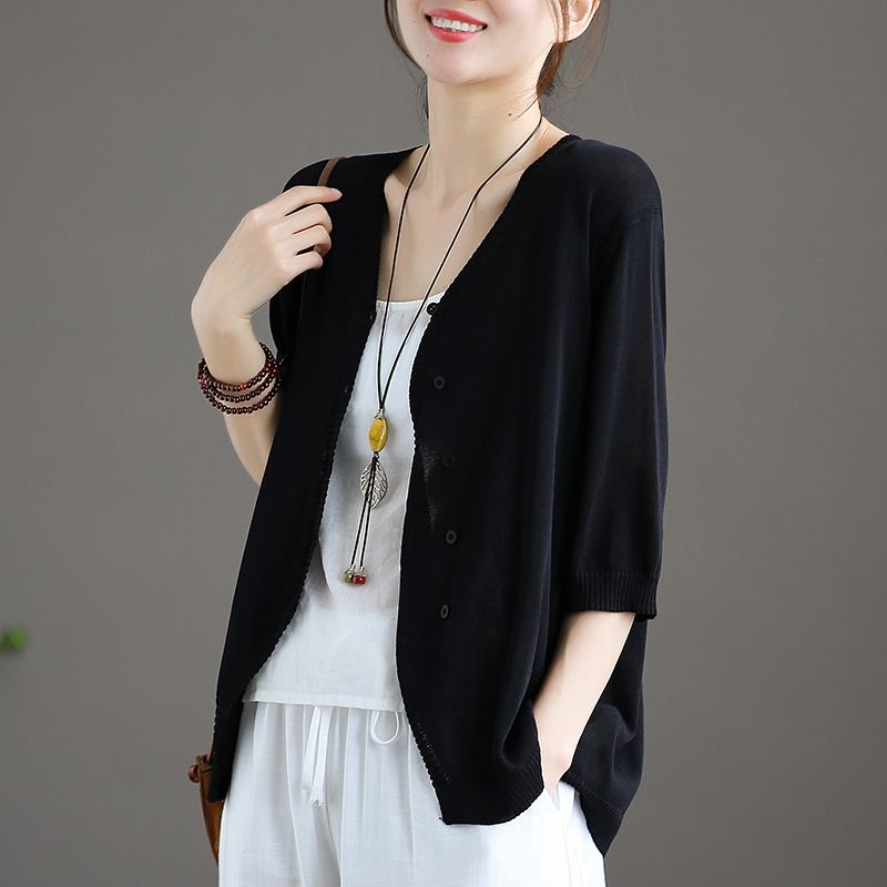 百搭文藝防曬空調衫冰絲中袖針織開衫