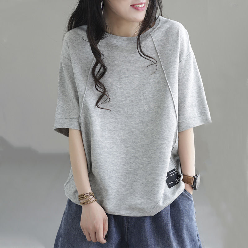 文藝純棉寬鬆復古圓領拼接短袖T恤-Cicimode