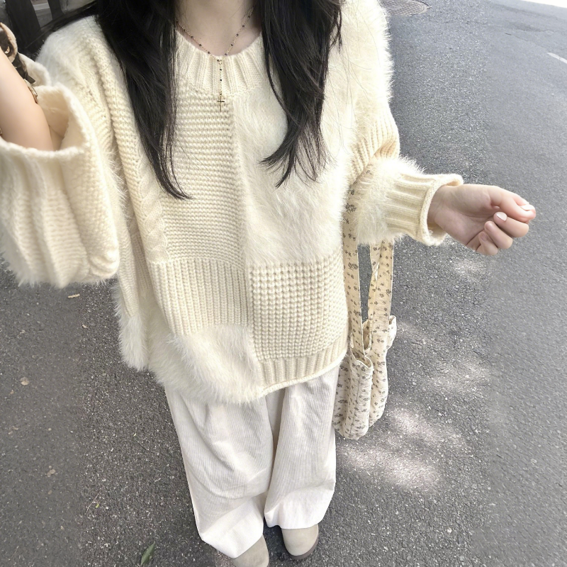 奶杏色高級感慵懶風寬鬆重工拼接針織毛衣-Cicimode