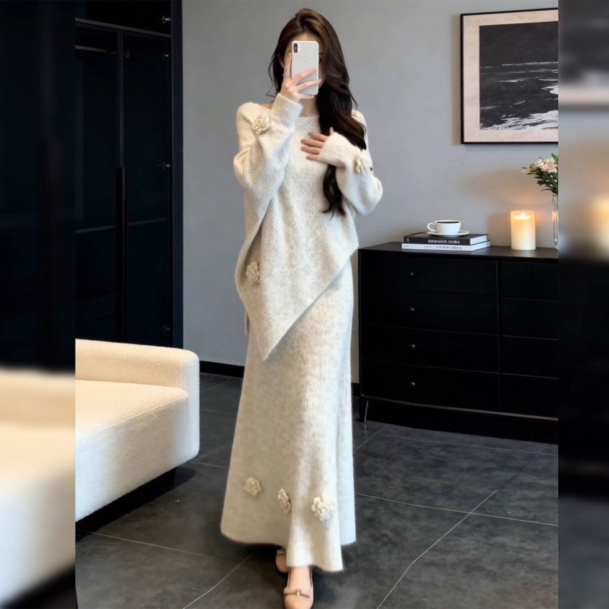 【整套】韓系溫柔風時尚氣質針織毛衣+高腰半身裙兩件套裝