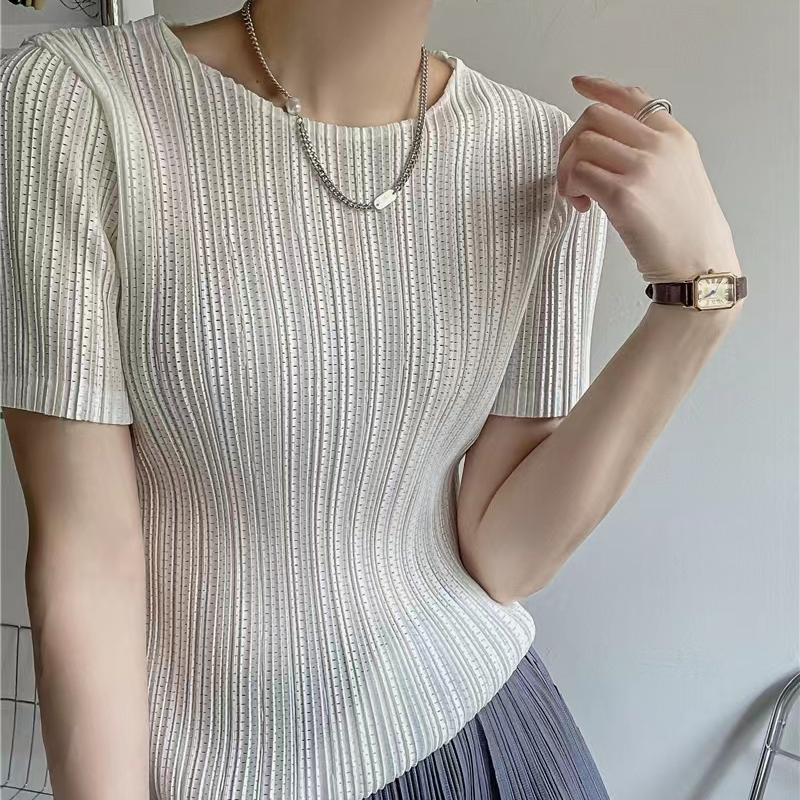 壓褶鏤空薄款彈力圓領百搭修身短袖T恤