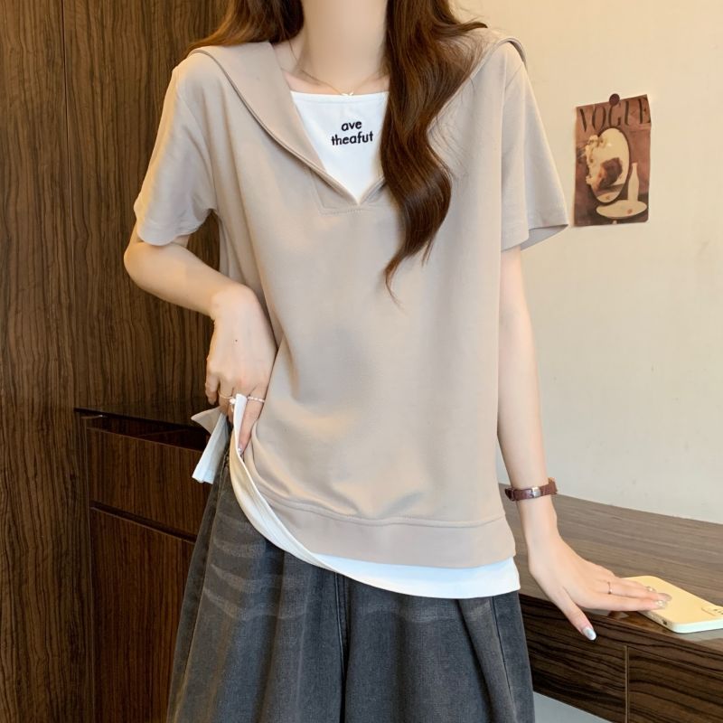 韓系休閒寬鬆翻領假兩件正肩短袖T恤-Cicimode