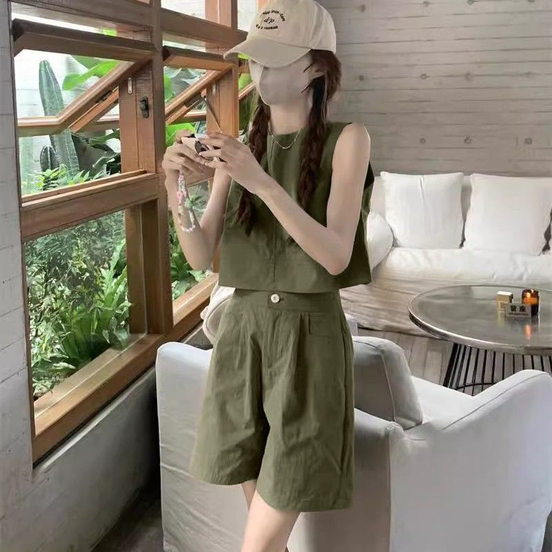 簡約休閑寬松背心上衣高腰闊腿短褲夏季兩件套