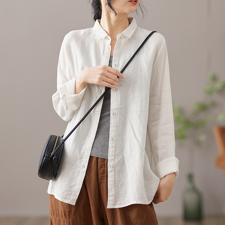 文藝復古亞麻翻領氣質長袖襯衫-Cicimode
