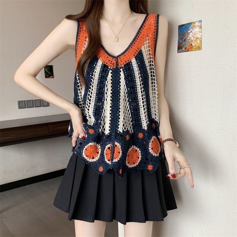 波西米亞設計感撞色可疊穿鏤空吊帶背心