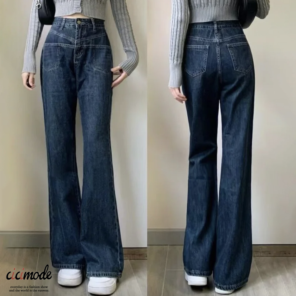 韓版百搭簡約顯瘦高腰微喇牛仔褲裝-Cicimode