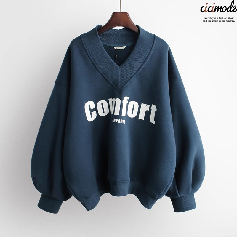 韓版休閒時尚寬鬆百搭字母印花V領衛衣-Cicimode