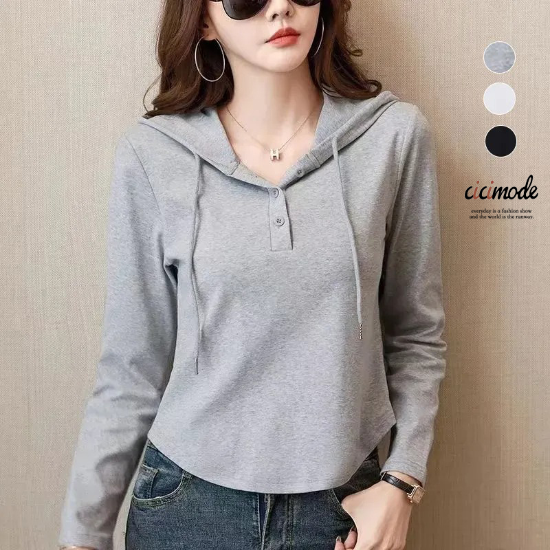 修身顯休閒短版素色長袖連帽衛衣-Cicimode