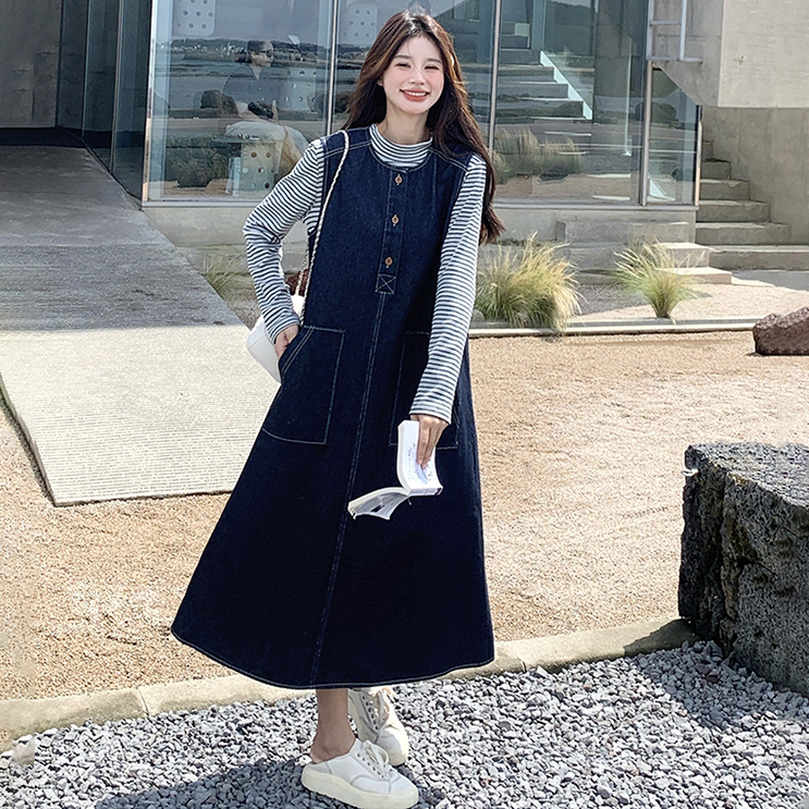 【單件/套裝】韓系條紋顯瘦上衣+復古牛仔背心洋裝兩件套-Cicimode