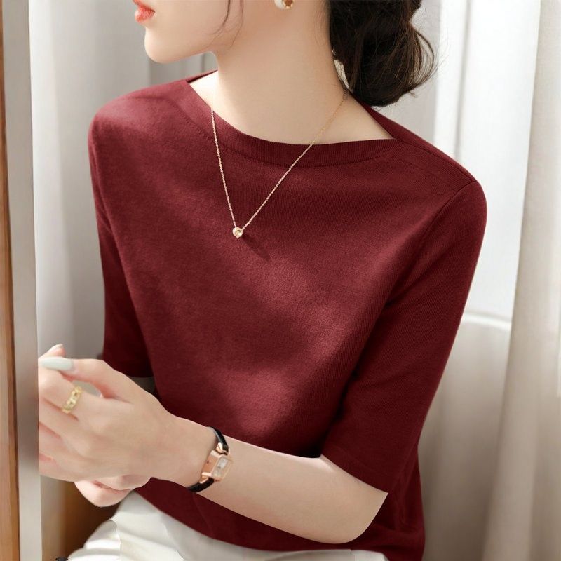 氣質百搭螺紋一字領修身顯瘦中袖打底衫-Cicimode