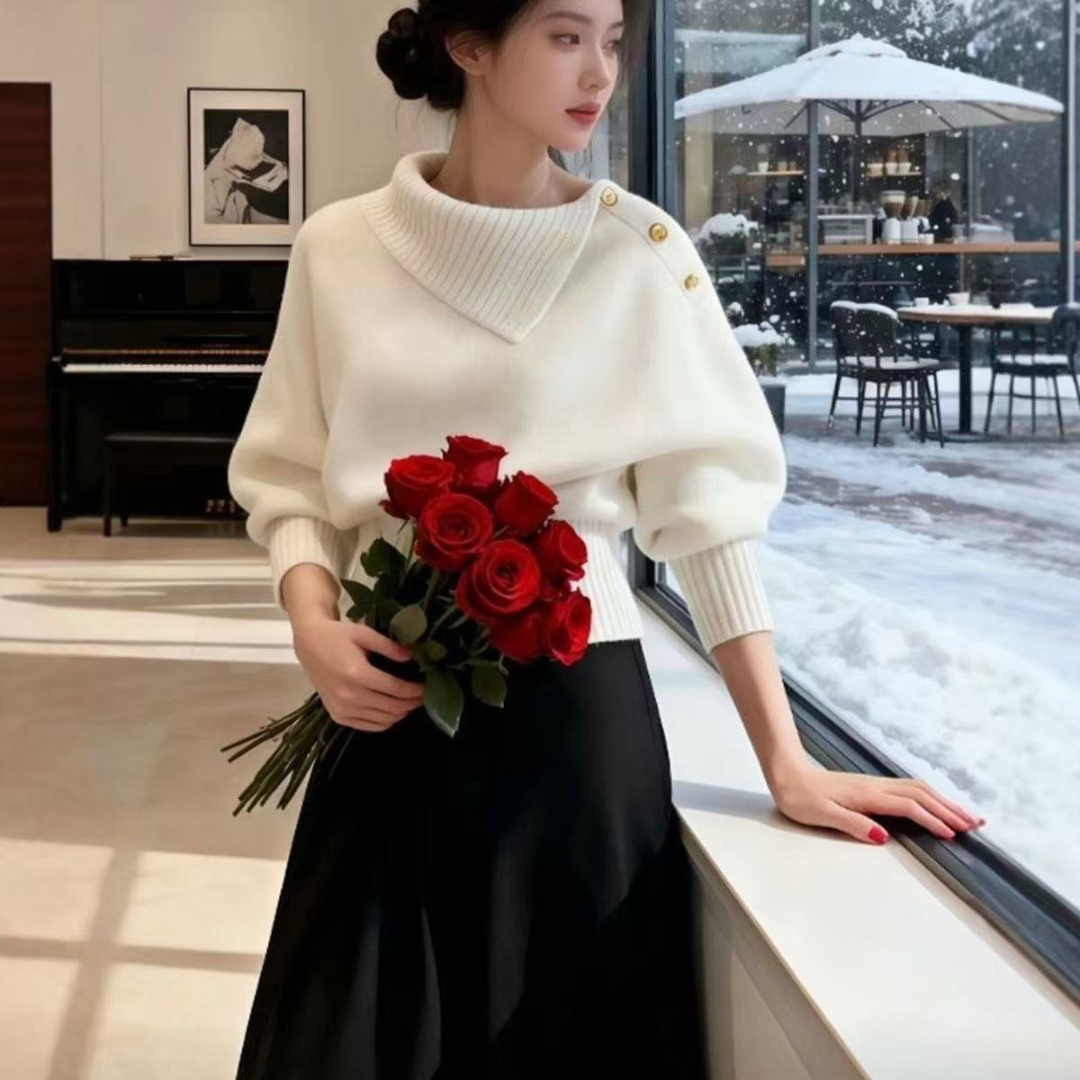 高級感韓系慵懶可外穿不規則翻領針織毛衣