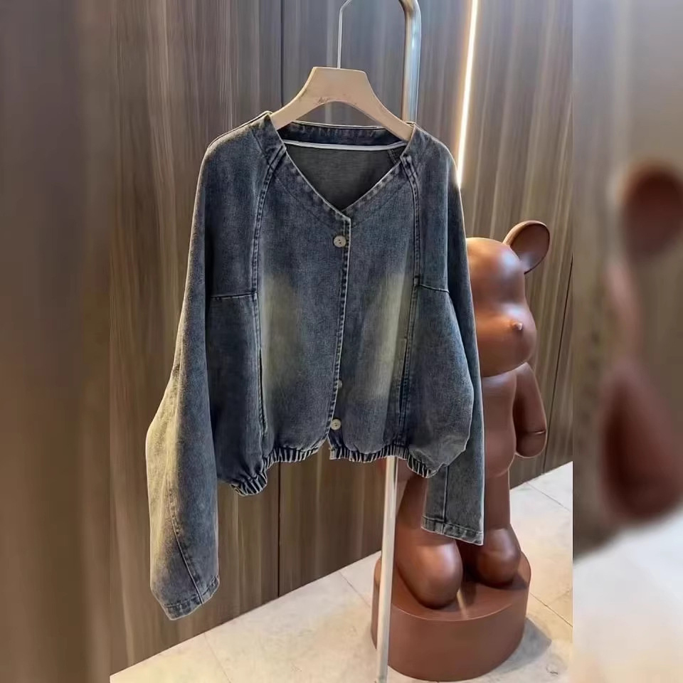 大碼復古短版百搭洋氣休閒夾克牛仔外套