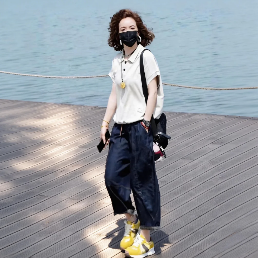 【單件/套裝】POLO領後背印花短袖上衣+薄款牛仔八分褲兩件套裝