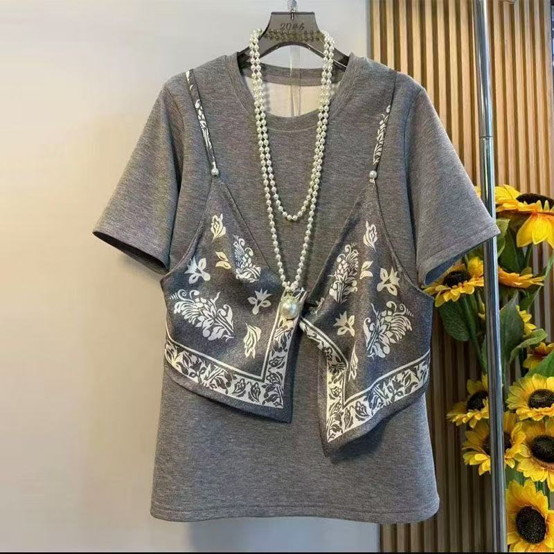 寬鬆百搭顯瘦別緻絲巾吊帶設計感假兩件T恤